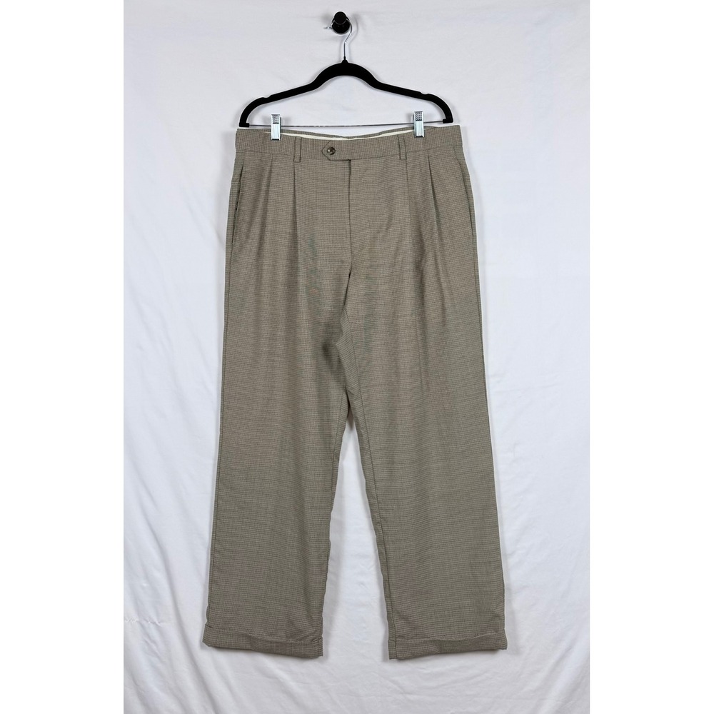 Jos A Bank 34R Wool Pleated Dress Pants Brown Houndstooth Cuffed Work Wedding